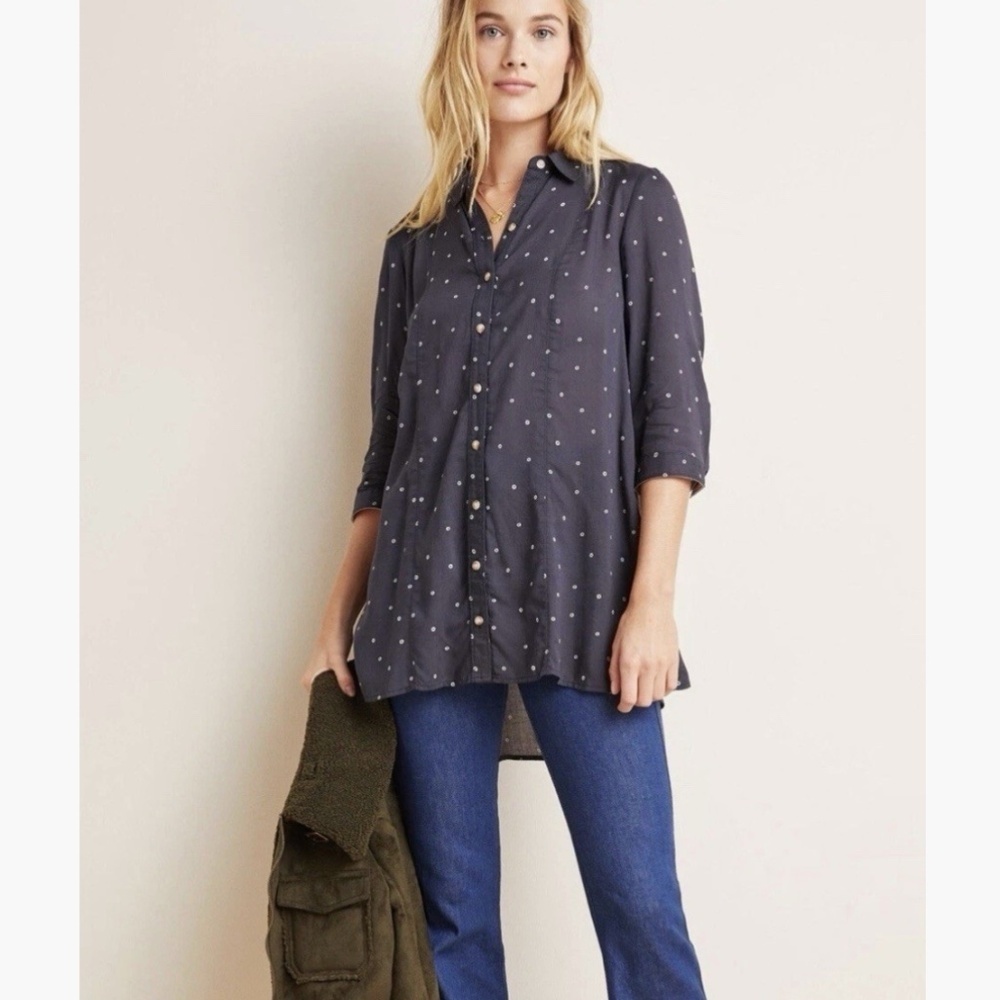 Maeve by Anthropologie Monika Buttonfront Polka Dot Black Tunic Size Small